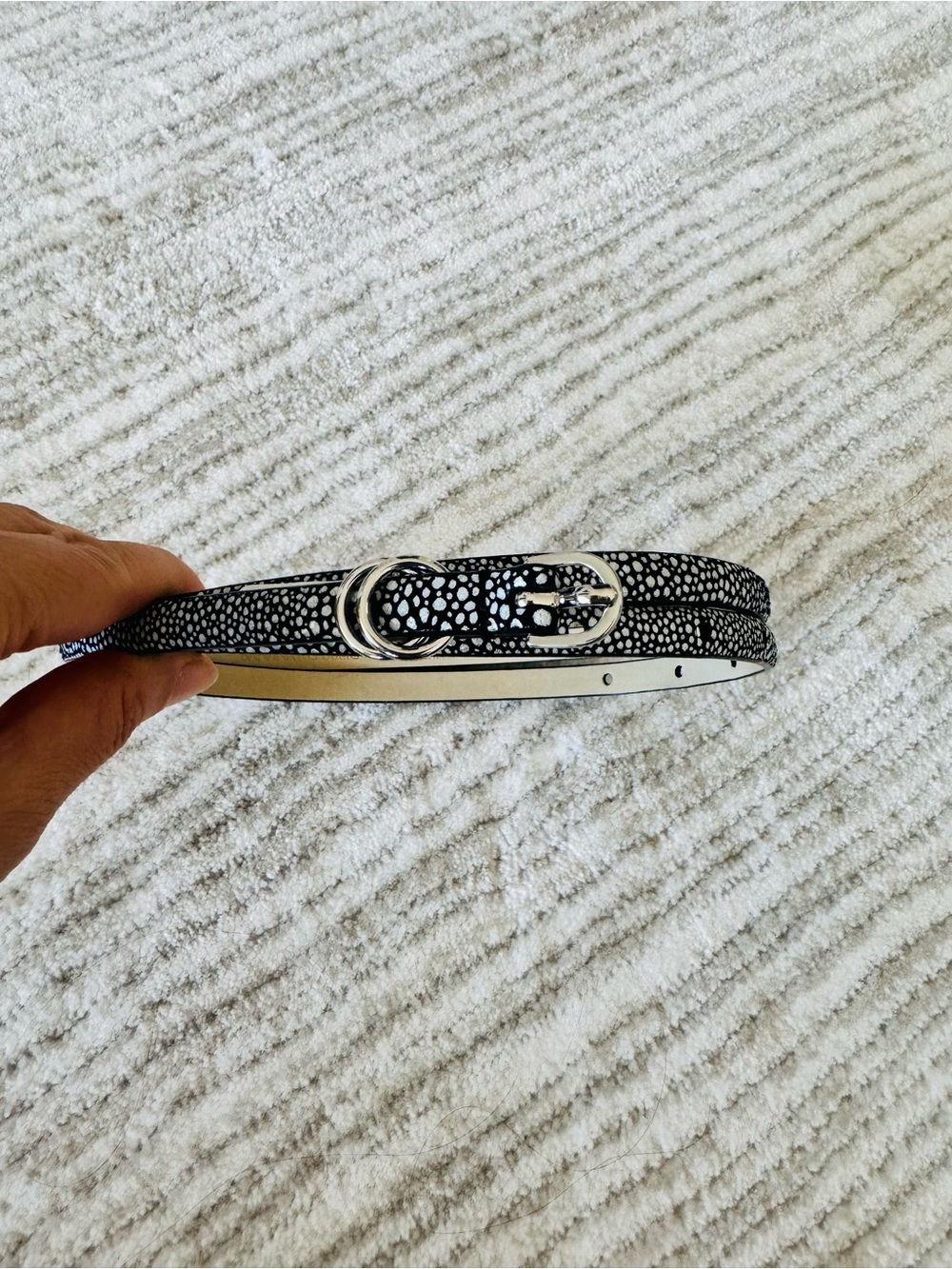Banana Republic Stingray Black Speckled Print Skinny Belt Silver Buckle S NWOT